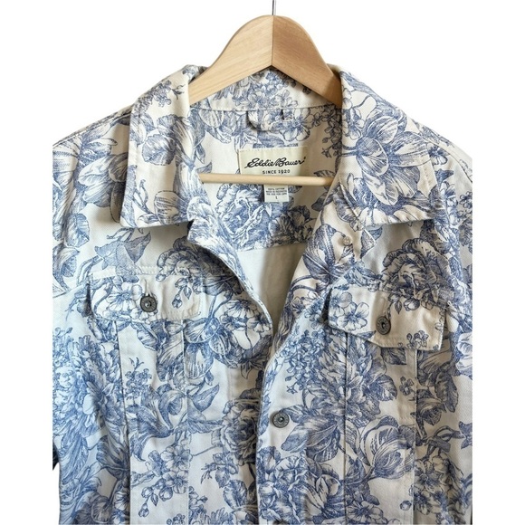 EDDIE Bauer Vintage 90s Wedgewood Floral Rigid Denim Jacket Large - Picture 4 of 10